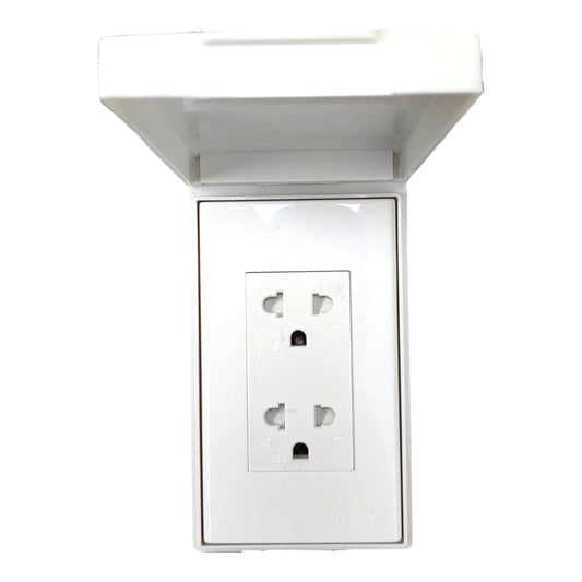 A white plastic outdoor duplex outlet protected by a matching white rain cover, shown against a plain white background.
