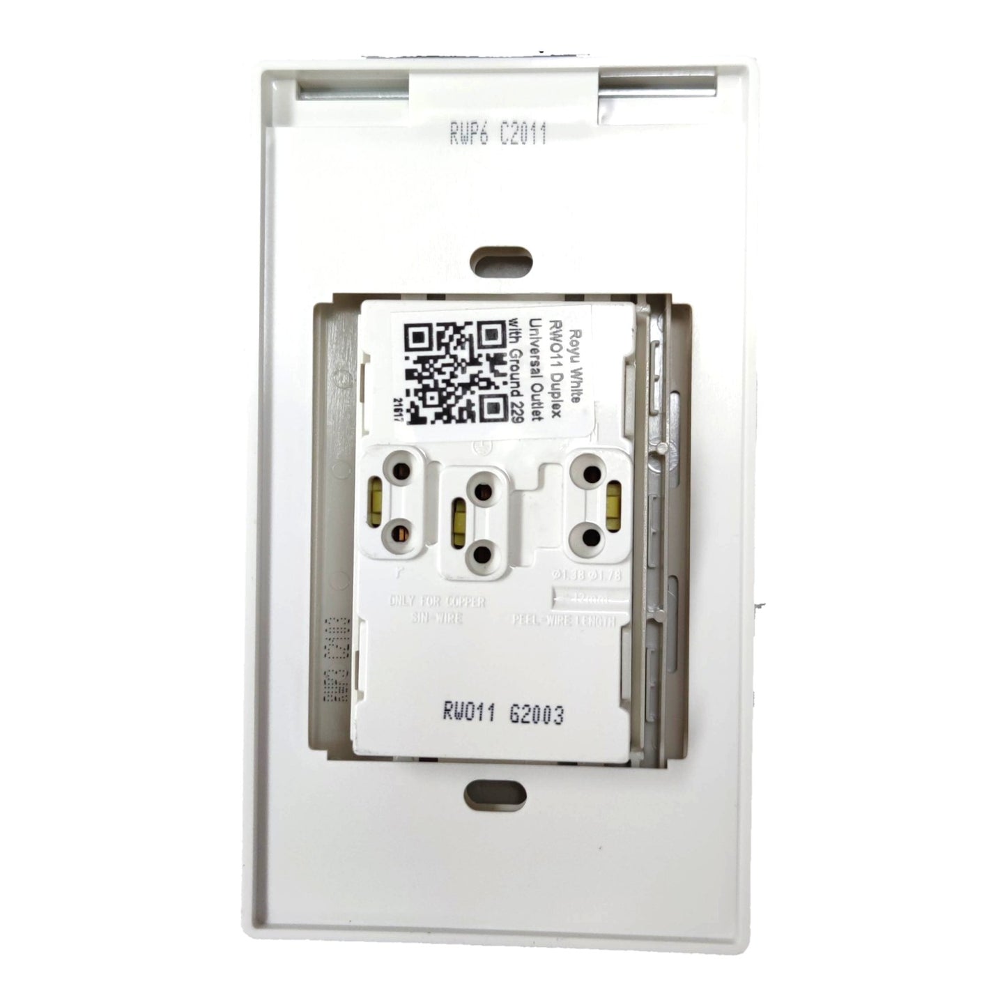 A white electrical outlet cover plate with a partially inserted modular outlet module, photographed against a plain white background.