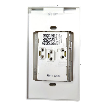 A white electrical outlet cover plate with a partially inserted modular outlet module, photographed against a plain white background.