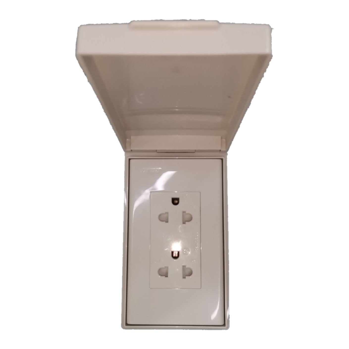 A white plastic outdoor duplex outlet cover with an open top flap, showing the internal duplex outlet socket, isolated on a white background.