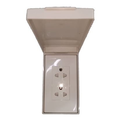 A white plastic outdoor duplex outlet cover with an open top flap, showing the internal duplex outlet socket, isolated on a white background.