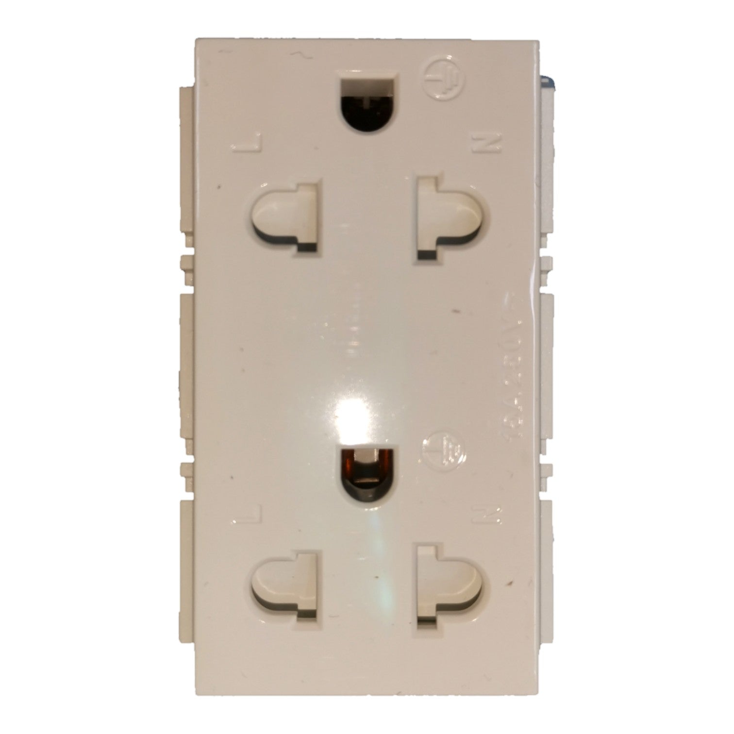 A dual 3-pin UK wall outlet socket module, shown from the rear side. The plastic body is a warm cream/off-white color, and the three-pin plugs are visible at the top and bottom.