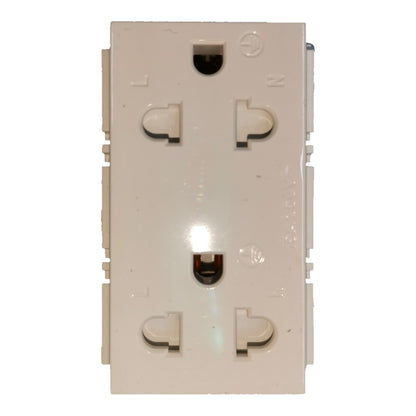 A dual 3-pin UK wall outlet socket module, shown from the rear side. The plastic body is a warm cream/off-white color, and the three-pin plugs are visible at the top and bottom.