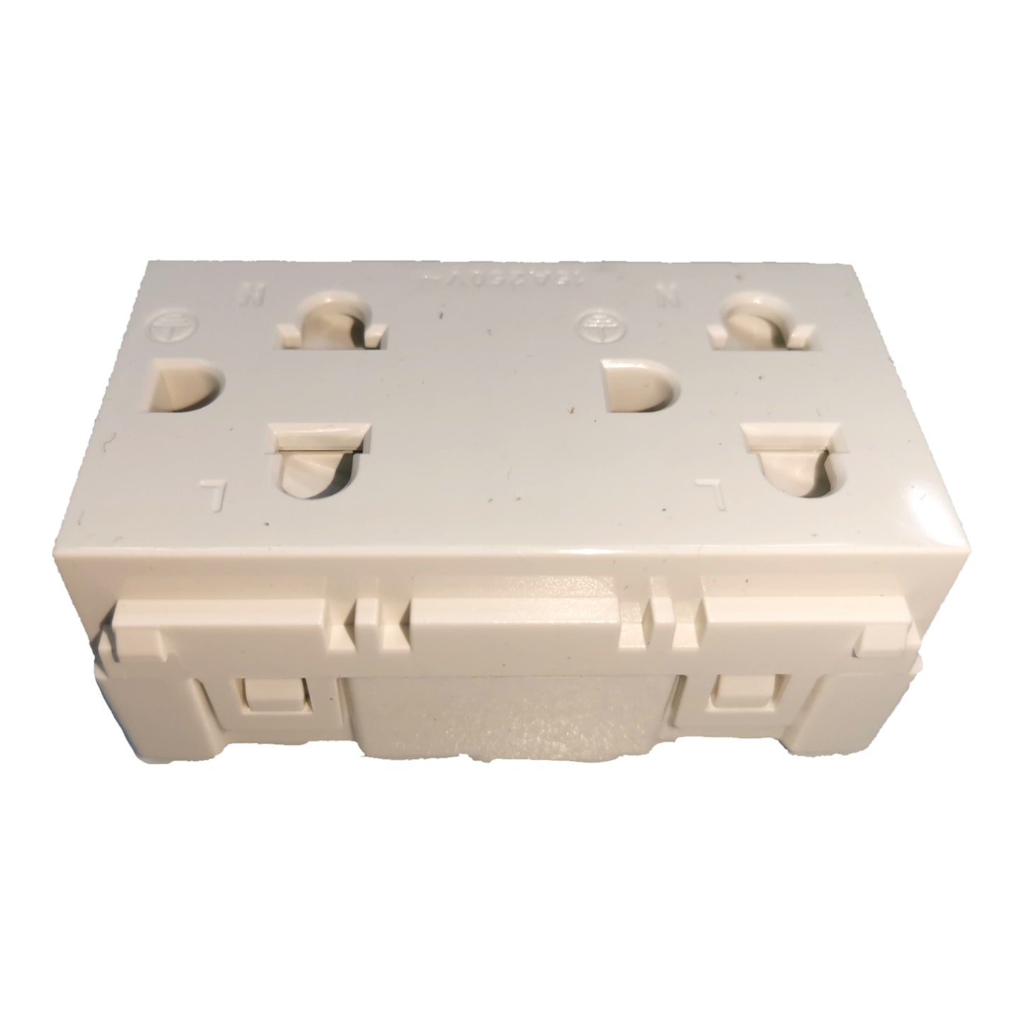 An off-white plastic electrical outlet cover plate or socket cover, photographed from a top-down angle on a white background.
