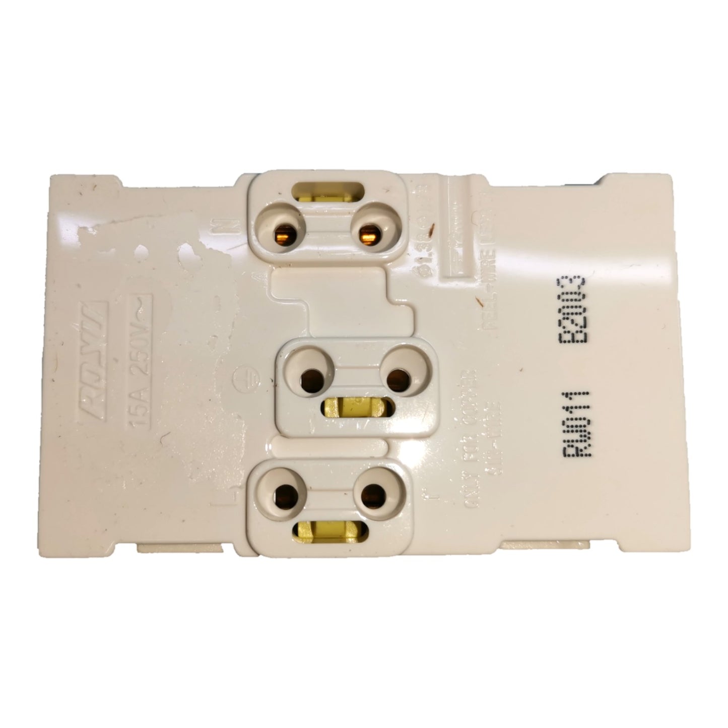 A white plastic multi-outlet power adapter or connector block with three sets of two-pin sockets and printed black markings, shown on a plain white background.