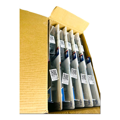 A cardboard shipping box containing multiple packaged cylindrical items with QR code labels, photographed on a plain white background.