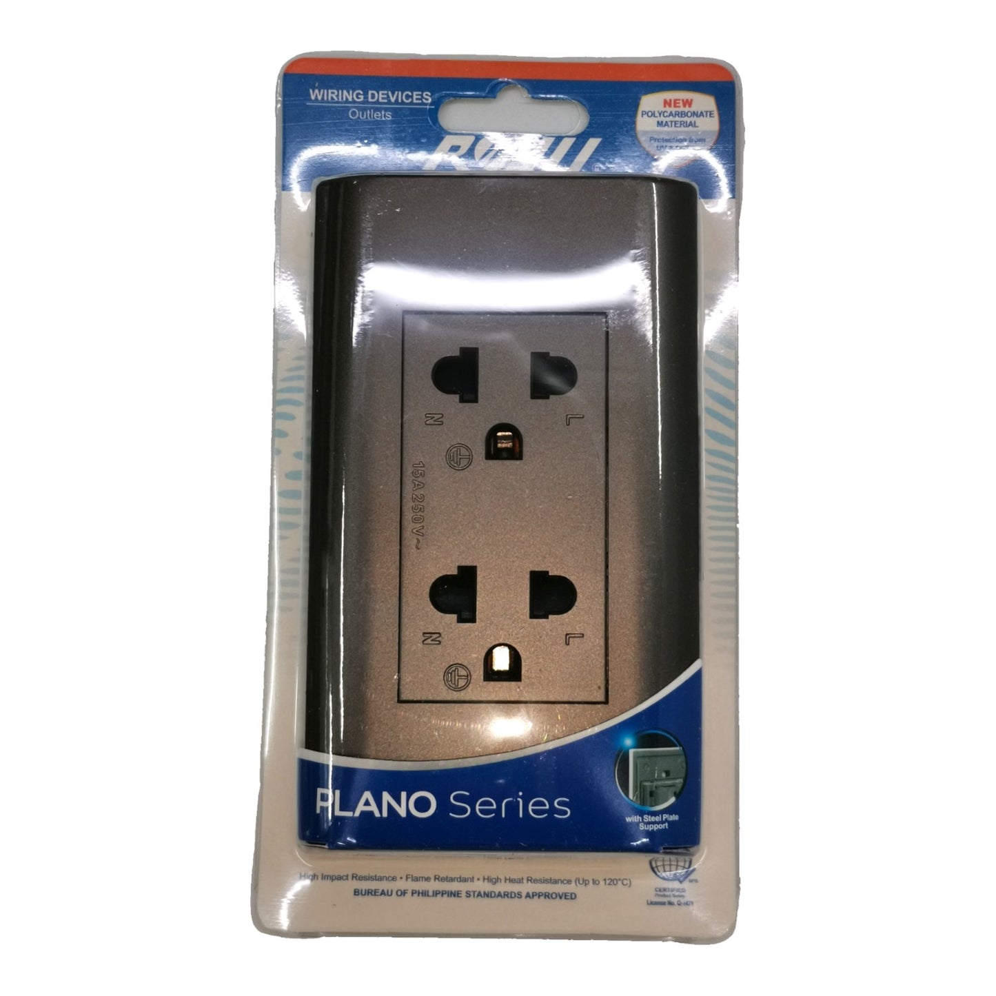 A 3-way duplex outlet cover plate in a brushed bronze finish, packaged in its original retail blister pack with a blue and white header card labeled 'PLANO Series'.