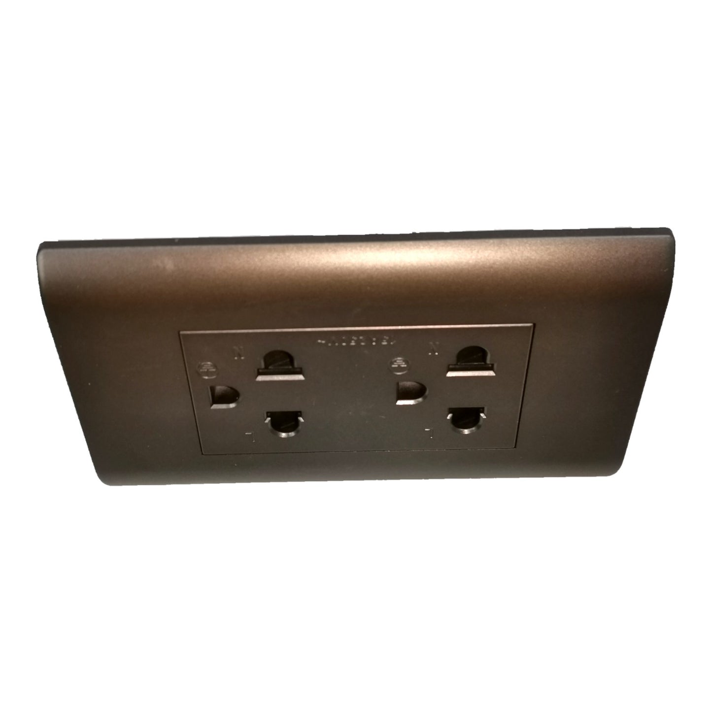 A dark bronze metal double outlet electrical wall plate on a solid white background.