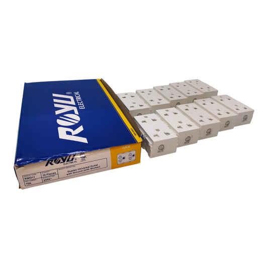 A box of Rony Electrical 16-piece double socket wall switches, with several white plastic switches arranged next to the blue and yellow packaging on a white background.