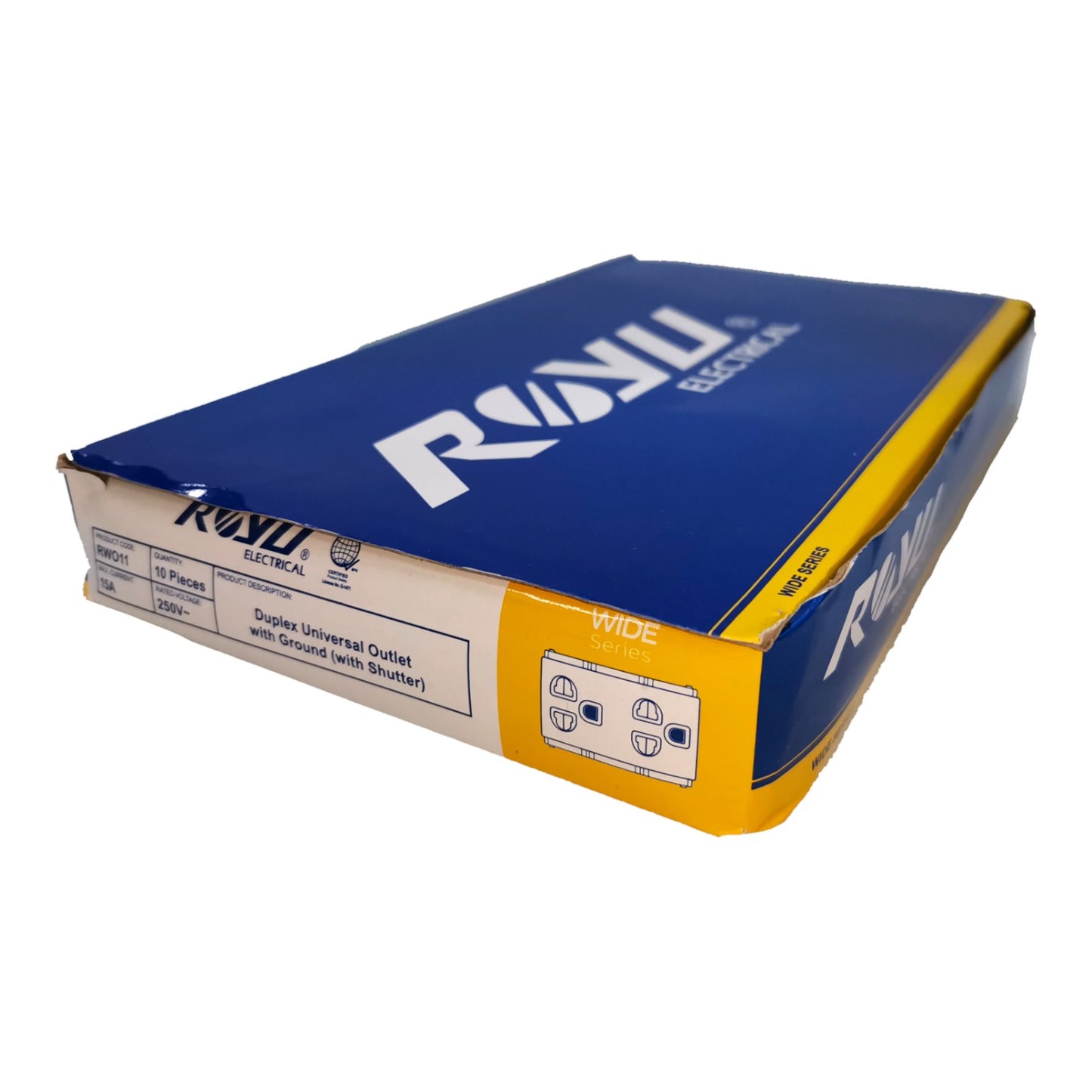 A blue and yellow box of Ronu Electric 16-Point Wide Duplex Universal Outlet with Ground (Ssh) Shutter, shown on a plain white background.