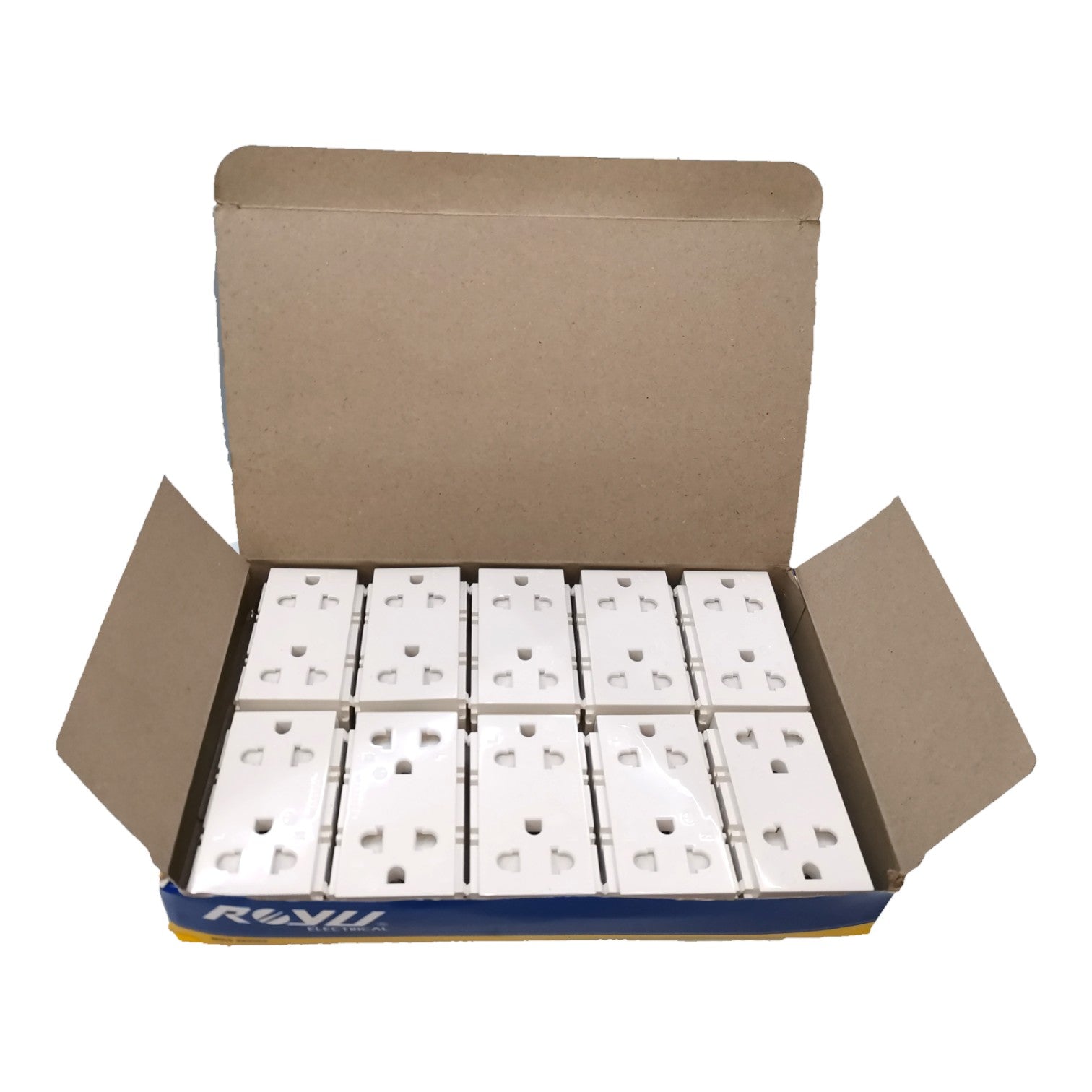 An open brown cardboard display box containing multiple small white rectangular items arranged in rows, with a blue and yellow base and the brand name ROXY visible on the front.