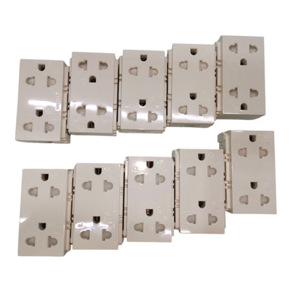 Six beige wall outlet blocks arranged in two rows on a plain white background.