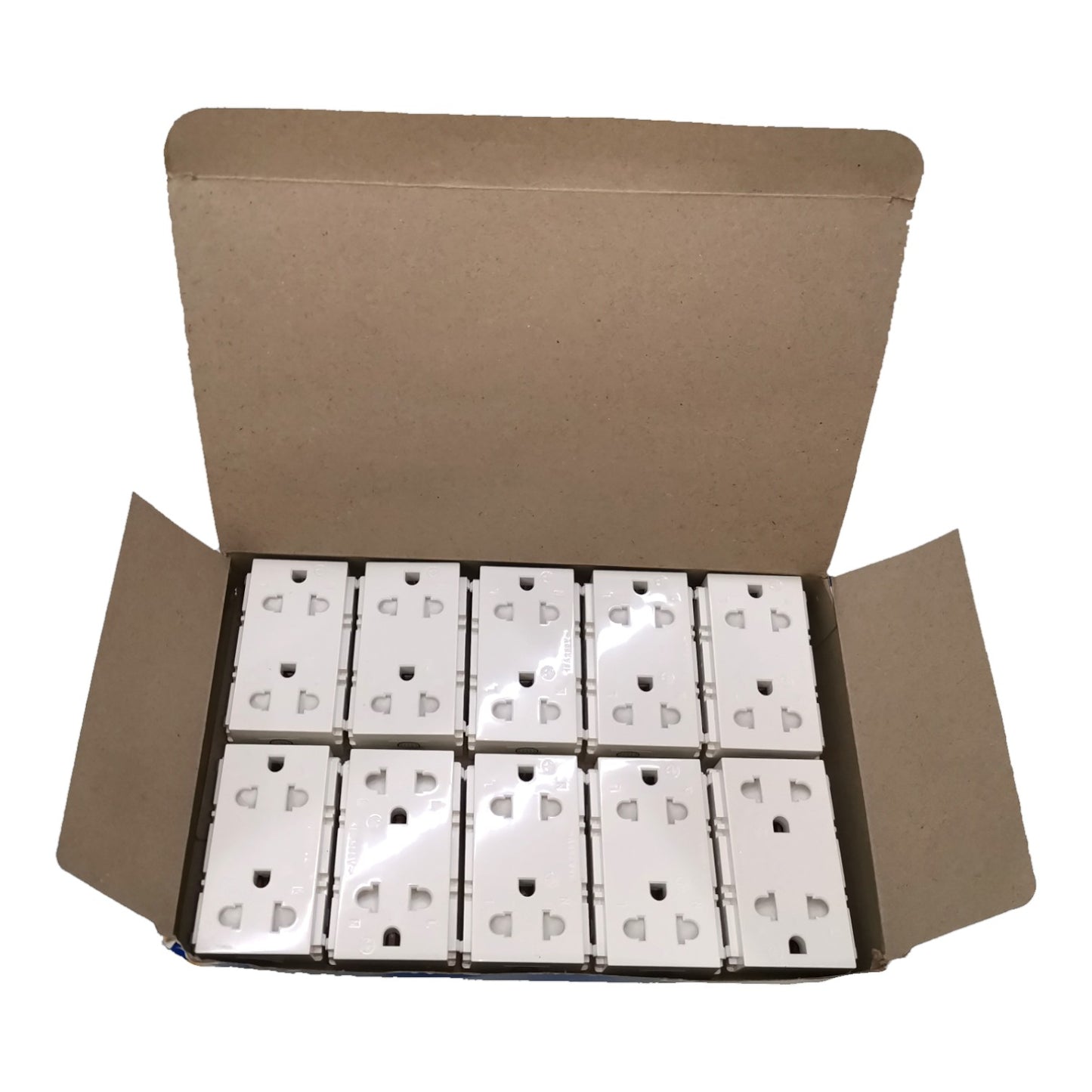 An open brown cardboard box containing eight white rectangular plastic wall outlets, photographed on a plain white background.