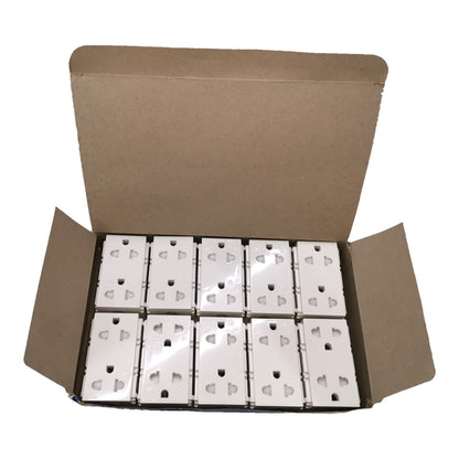 An open brown cardboard box containing eight white rectangular plastic wall outlets, photographed on a plain white background.