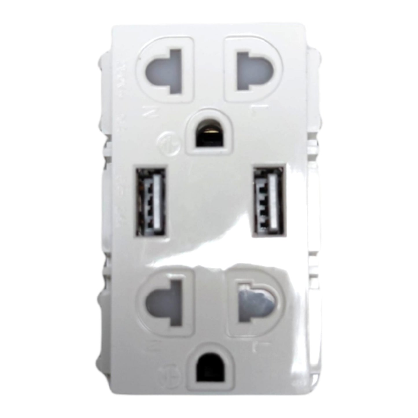 A white multi-port USB wall charger adapter featuring two standard USB-A ports, two USB-C ports, and two UK three-pin wall outlets on a plain white background.