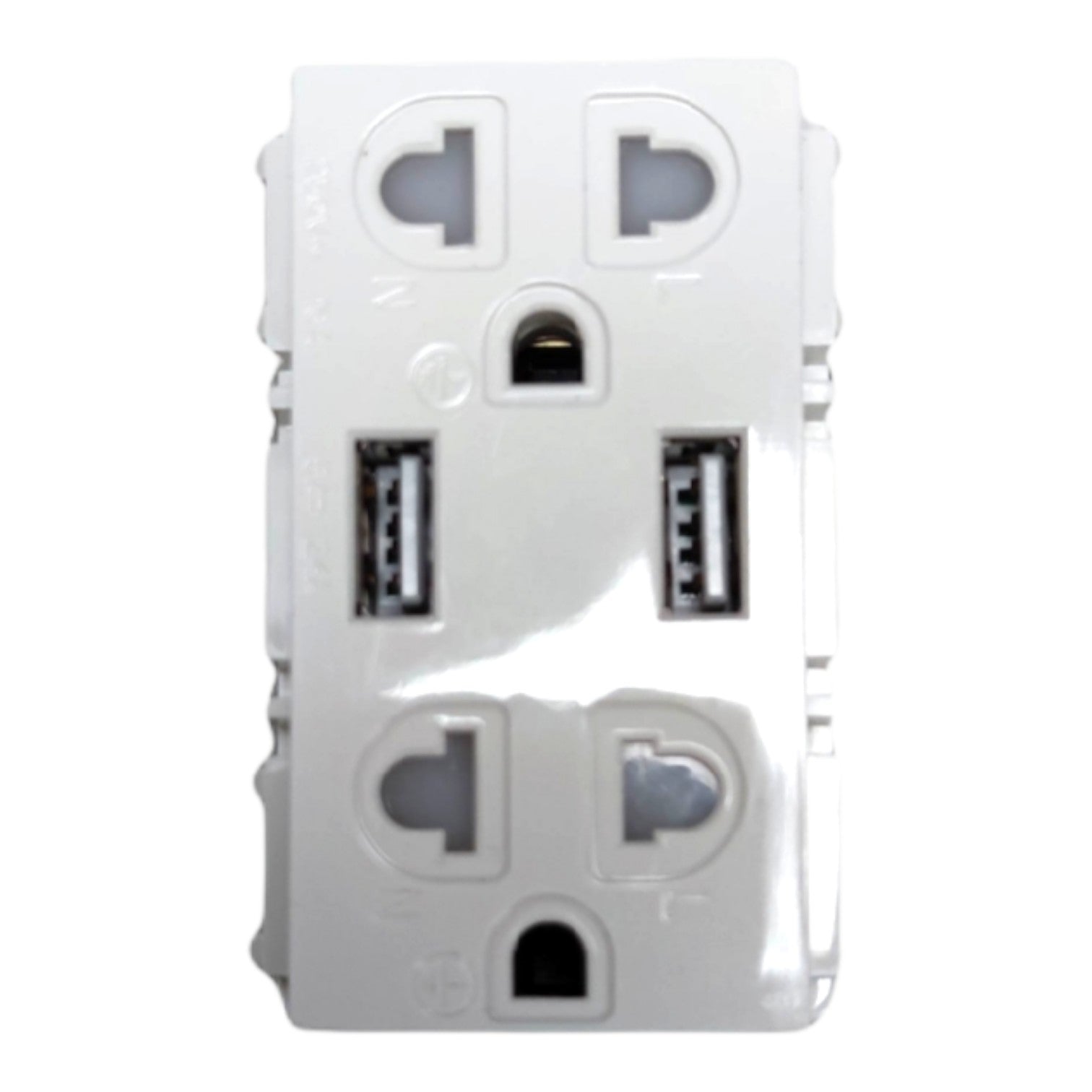 A white multi-port USB wall charger adapter featuring two standard USB-A ports, two USB-C ports, and two UK three-pin wall outlets on a plain white background.