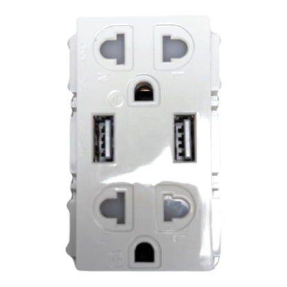 A white multi-port USB wall charger adapter featuring two standard USB-A ports, two USB-C ports, and two UK three-pin wall outlets on a plain white background.