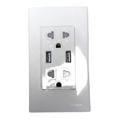 A white wall outlet cover plate with integrated USB charging ports, shown against a plain white background.