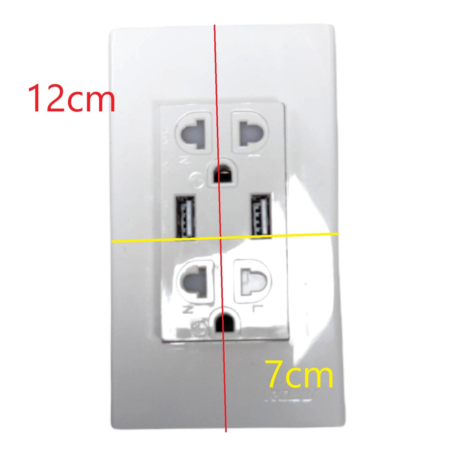 White wall outlet cover plate shown with overlaid dimension lines and text indicating 12 cm height and 7 cm width on a plain white background.