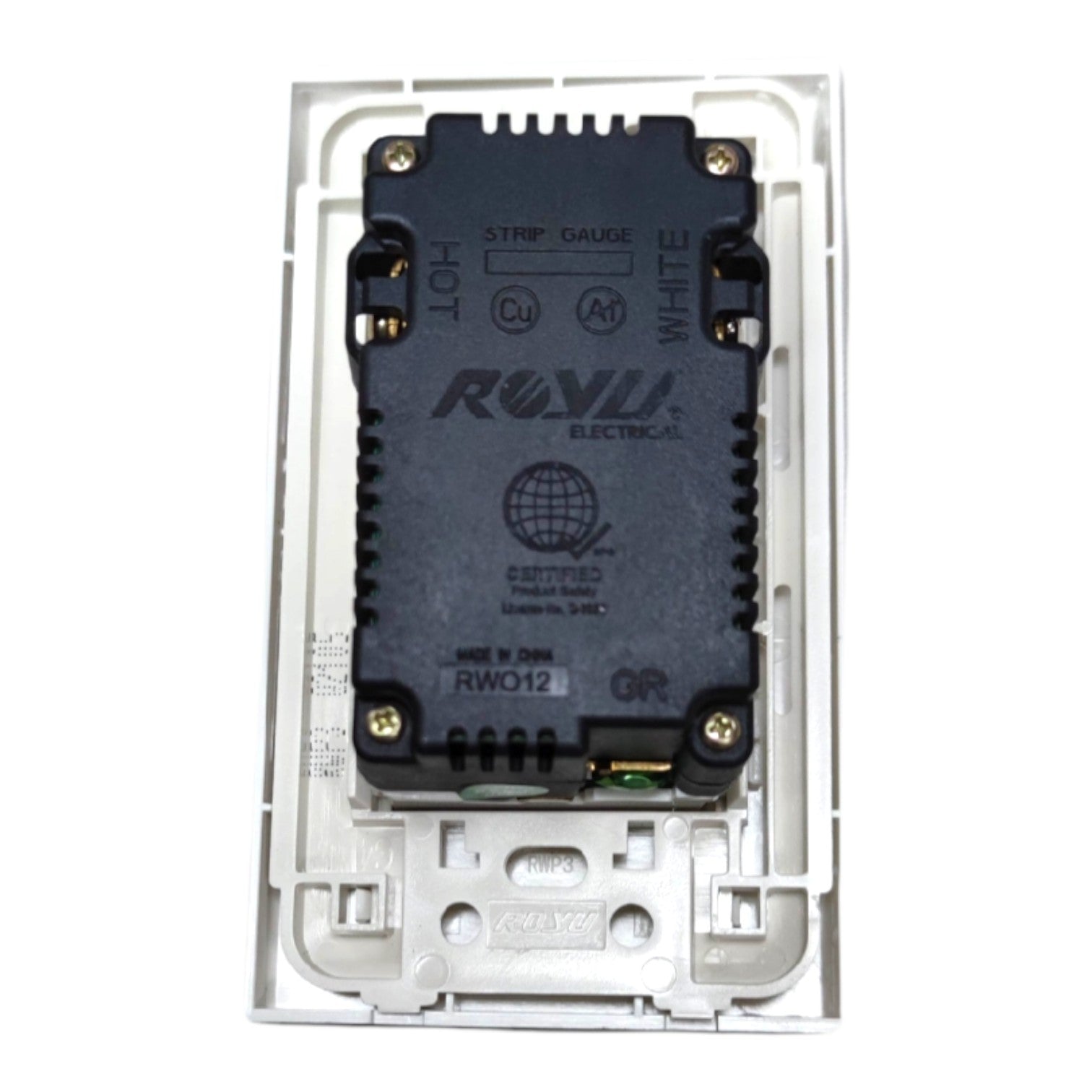 A single-gang light switch module with a white faceplate and a black central electronic component, branded ROYU ELECTRIC. The component features screw terminals labeled HOT, Cu, and WHITE, and is set against a plain white background.