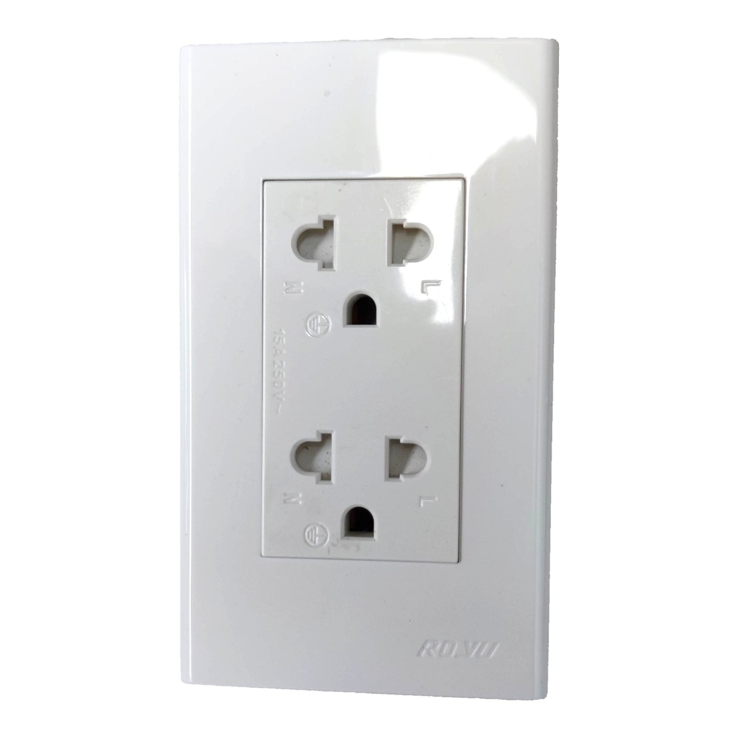 A white double outlet electrical wall socket on a clean white background.