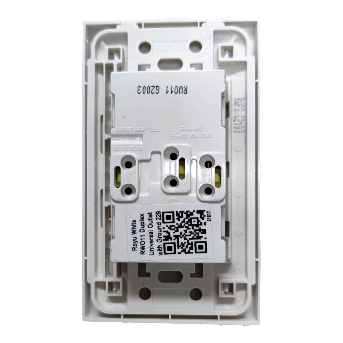 A white plastic universal outlet replacement part with printed specifications and a QR code, shown against a plain white background.