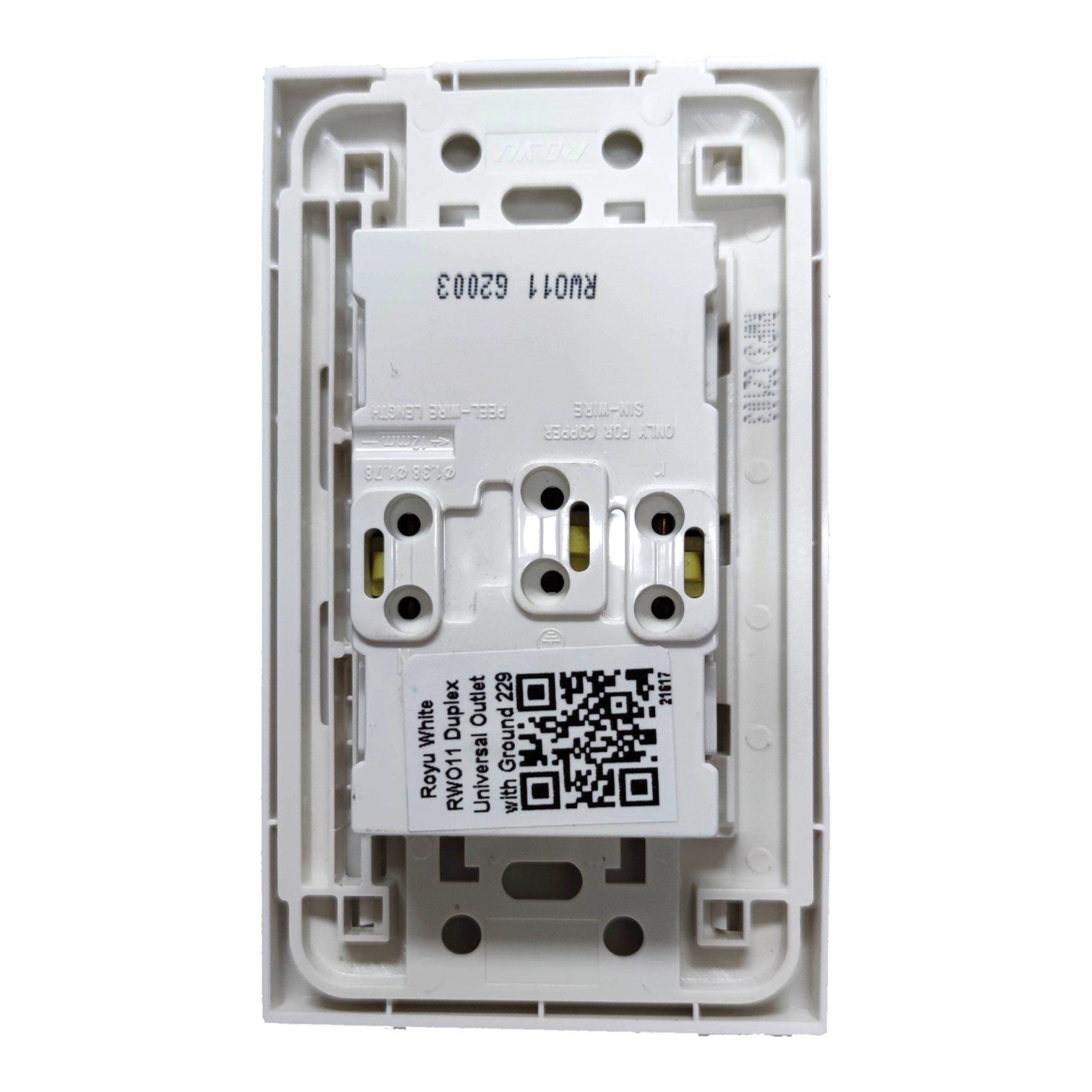 A white plastic universal outlet replacement part with printed specifications and a QR code, shown against a plain white background.