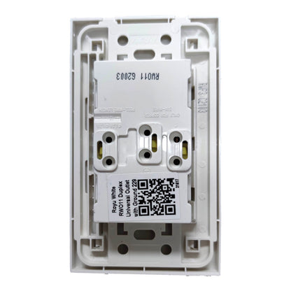 A white plastic universal outlet replacement part with printed specifications and a QR code, shown against a plain white background.