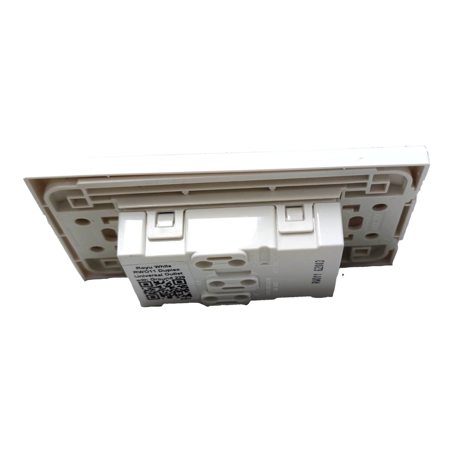 A white plastic electrical outlet cover plate or backplate component, photographed on a solid white background.