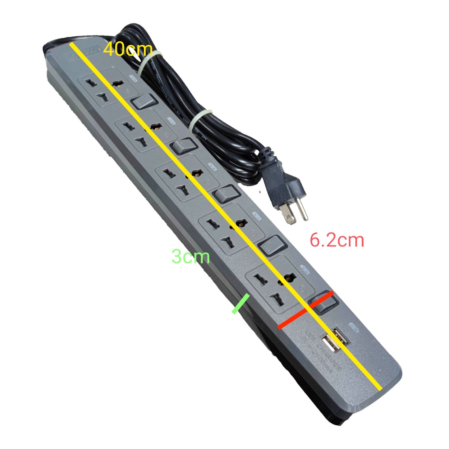 A gray multi-outlet power strip with a black power cord, shown on a white background with overlaid dimension labels: 40cm length, 3cm depth, and 6.2cm width.