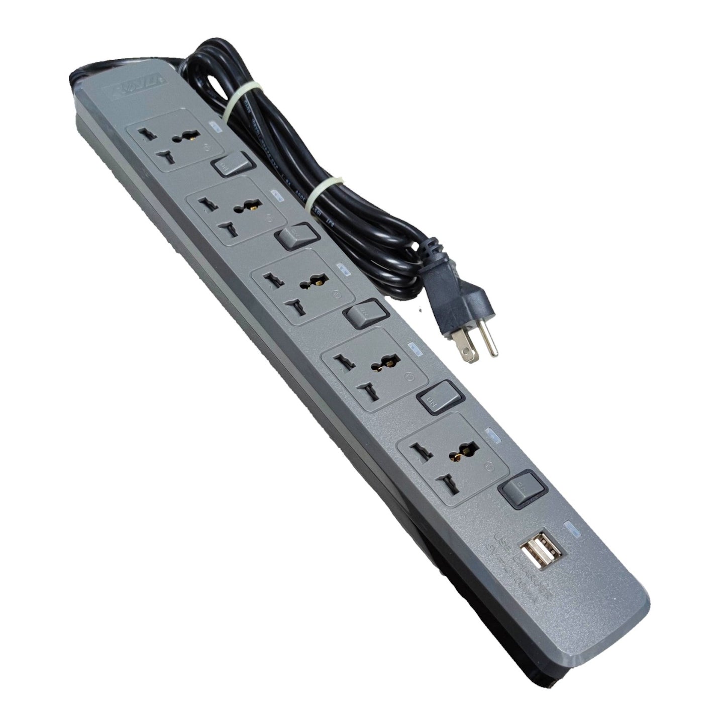 A gray multi-outlet power strip with multiple international-style wall outlets, a black power cord with a two-pin plug, and two USB ports, shown on a plain white background.