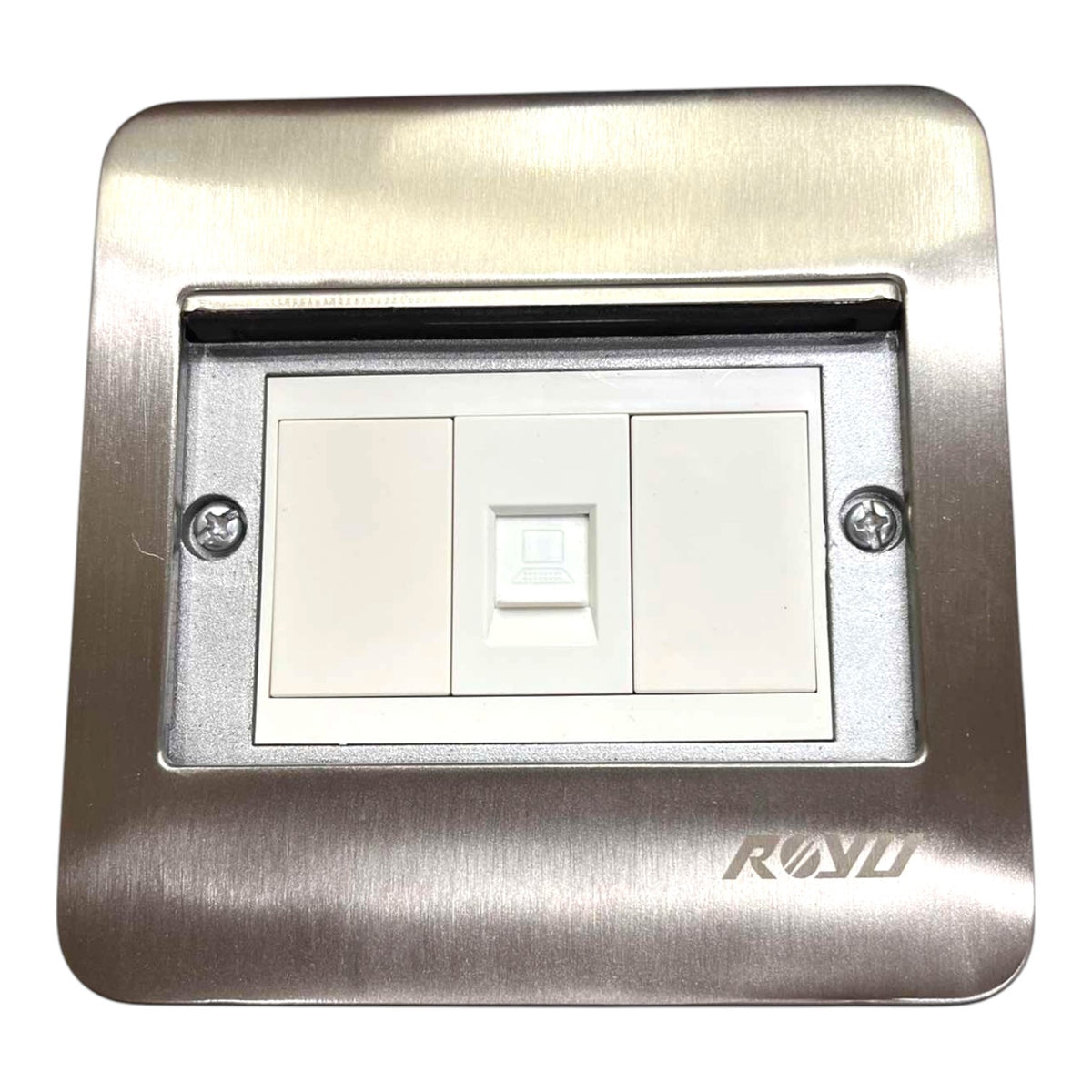A modern brushed stainless steel double light switch plate with a white double-gang switch in the center, featuring a recessed socket on the left side and the RAVO brand logo on the bottom right.