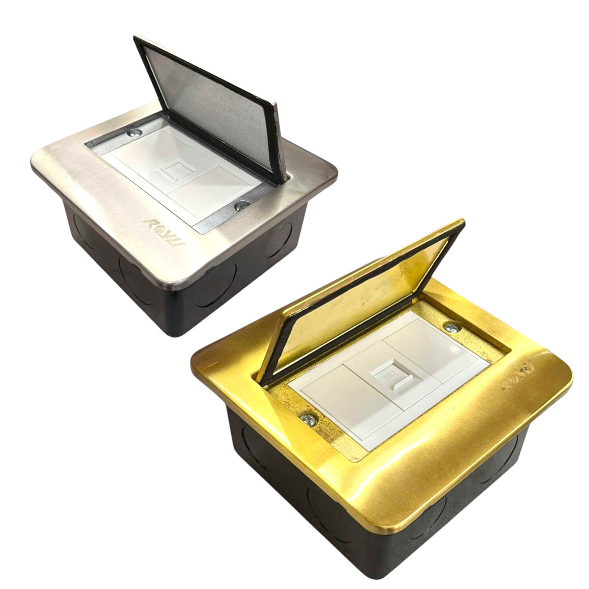 Two pop-up waterproof electrical outlet covers shown on a white background, one with a brushed silver stainless steel lid and one with a brushed gold brass lid, both with black bases and white outlet covers visible.