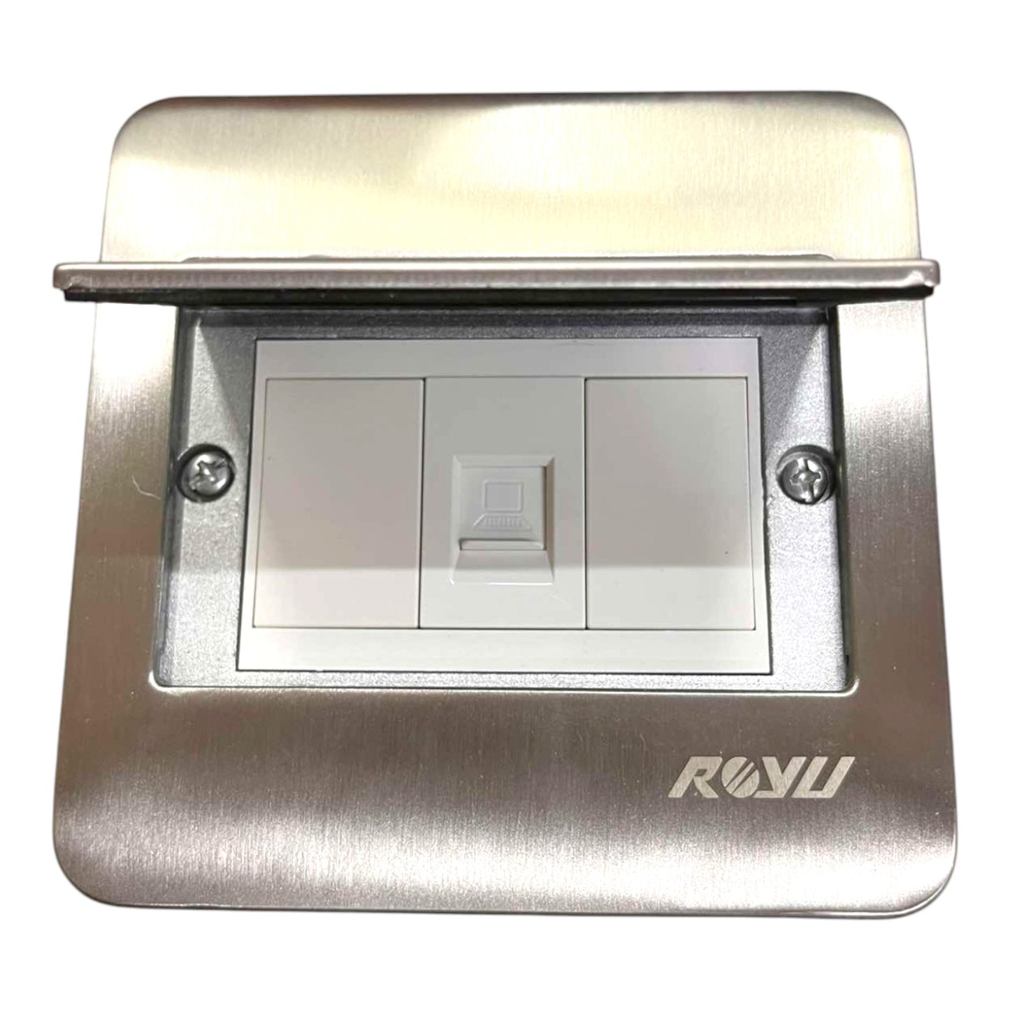 A modern wall switch panel featuring a brushed stainless steel outer frame with the brand name 'ROUO' printed on the bottom right. The inner faceplate is white with a central RJ45 network port cover and two toggle switches flanking it.
