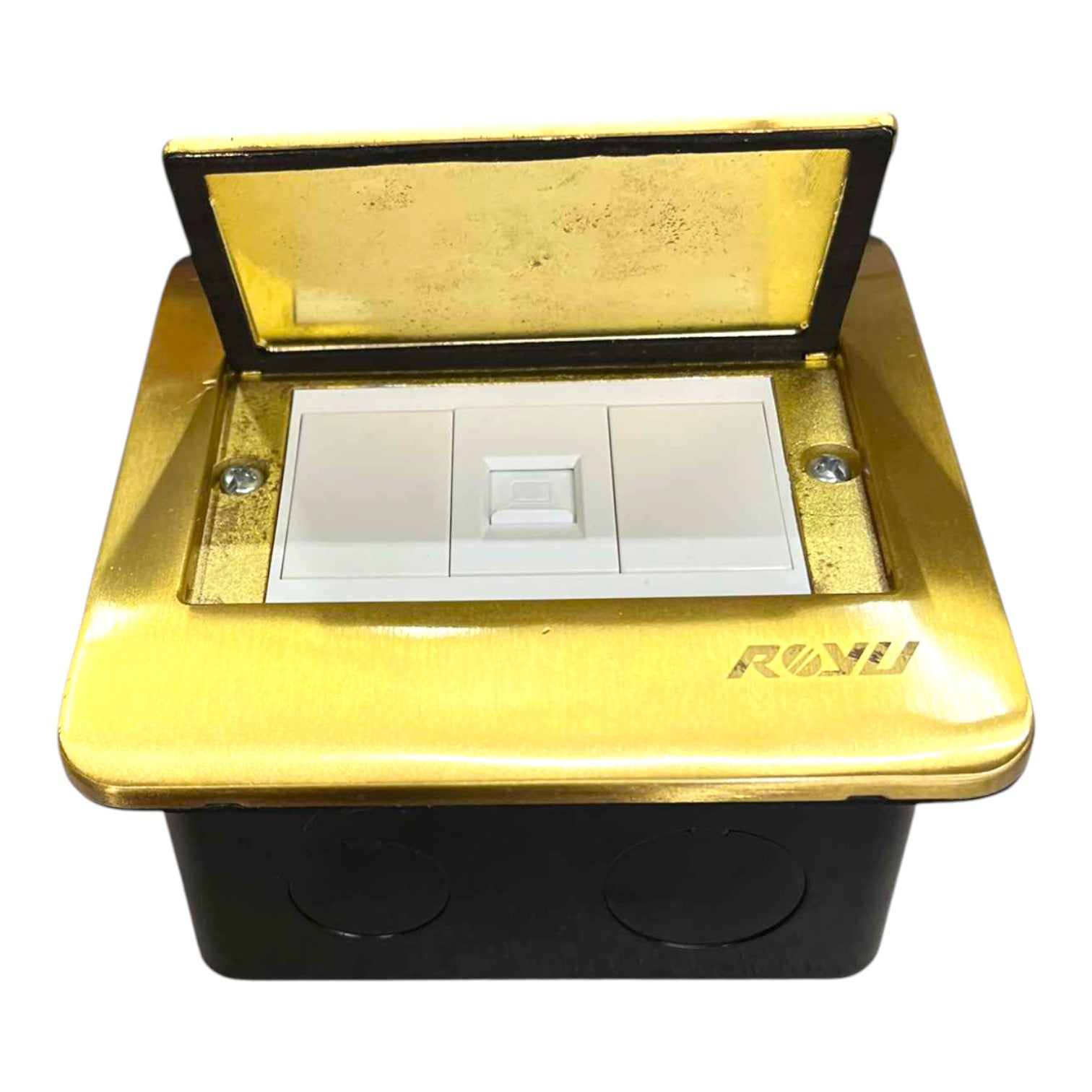 A 3-gang wall switch module with a gold-colored metal top cover, a black junction box base, and a white plastic switch panel inside. The brand name 'RUNU' is embossed on the right side of the gold casing.