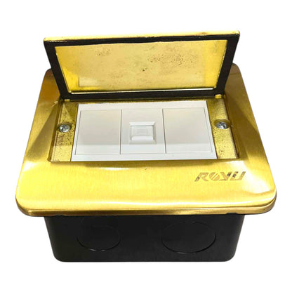 A 3-gang wall switch module with a gold-colored metal top cover, a black junction box base, and a white plastic switch panel inside. The brand name 'RUNU' is embossed on the right side of the gold casing.