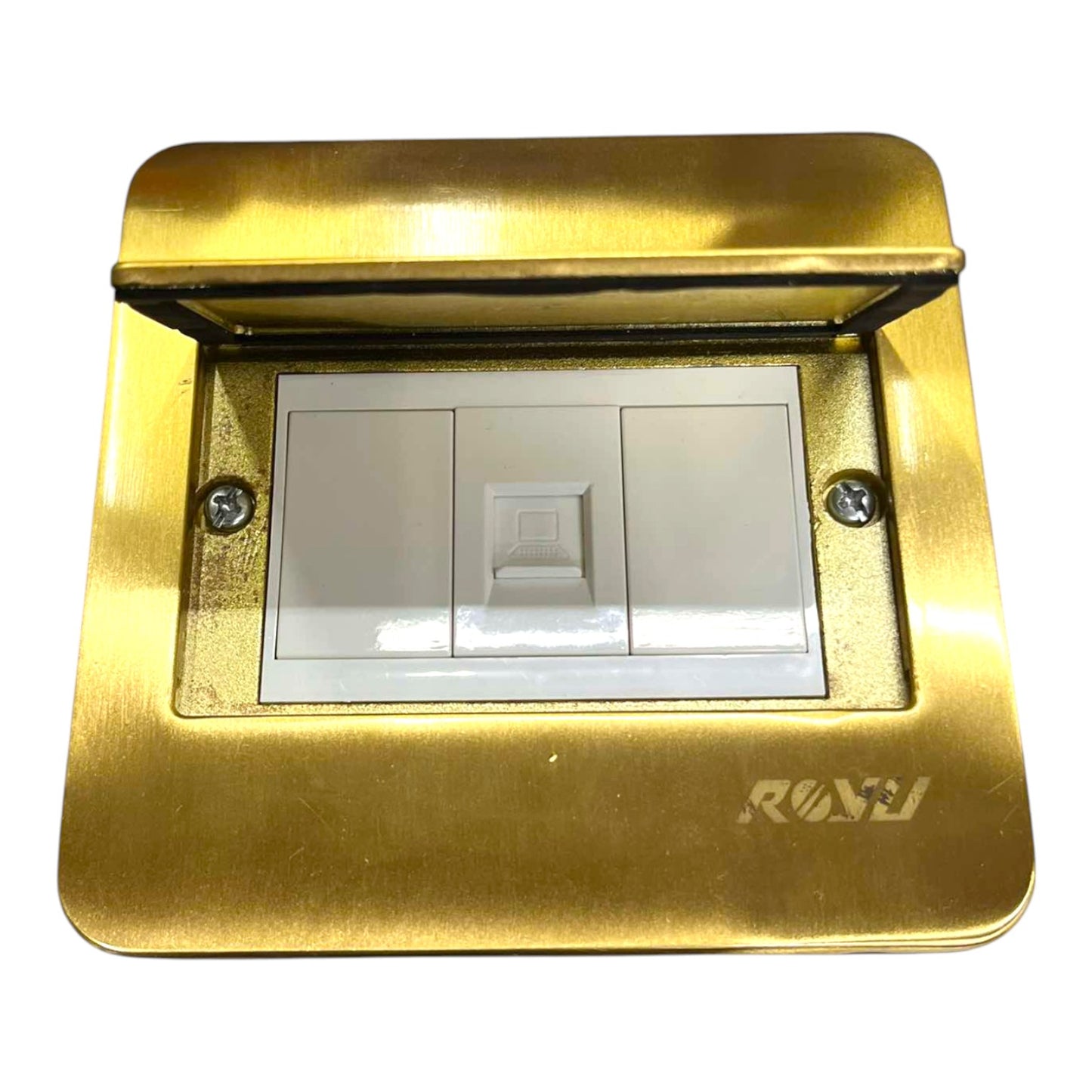A modern three-way light switch plate in brushed gold brass with a white switch panel inside, featuring a hinged top cover and the brand name 'ROWJ' printed on the bottom right.