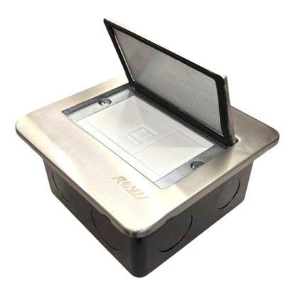 A square outdoor electrical outlet cover with a brushed stainless steel top and a black plastic base, featuring an open hinged lid showing the white outlet cover inside. The brand name 'ROVI' is embossed on the stainless steel surface.