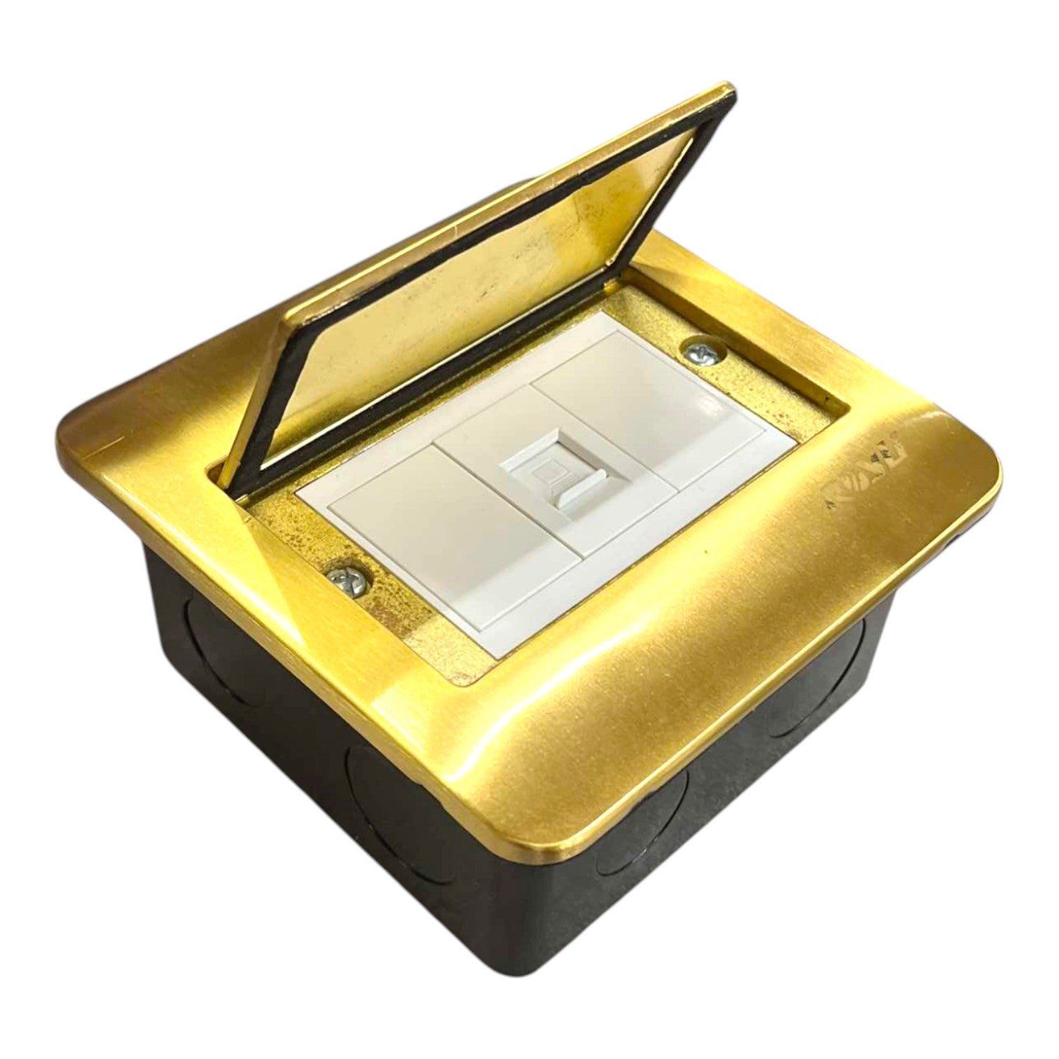 A waterproof outdoor double switch outlet cover with a gold-colored brass top lid, a black plastic base, and a white double switch panel visible underneath, shown on a plain white background.