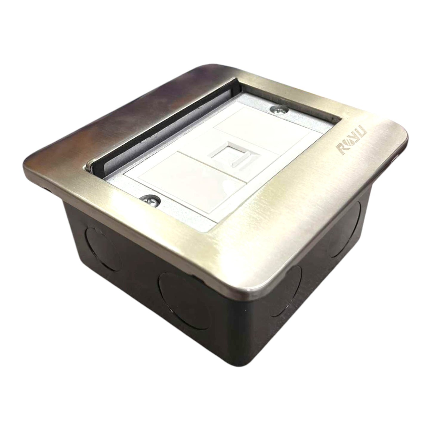 A square RJ45 network jack wall outlet with a brushed stainless steel top plate and a black electrical junction box base, shown on a white background.