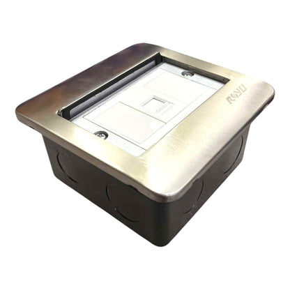 A square RJ45 network jack wall outlet with a brushed stainless steel top plate and a black electrical junction box base, shown on a white background.