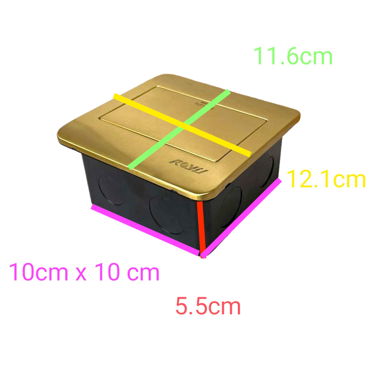A square electrical junction box with a gold-colored metal lid and a black metal base, shown with colored dimension lines and text labels indicating measurements of 11.6cm, 12.