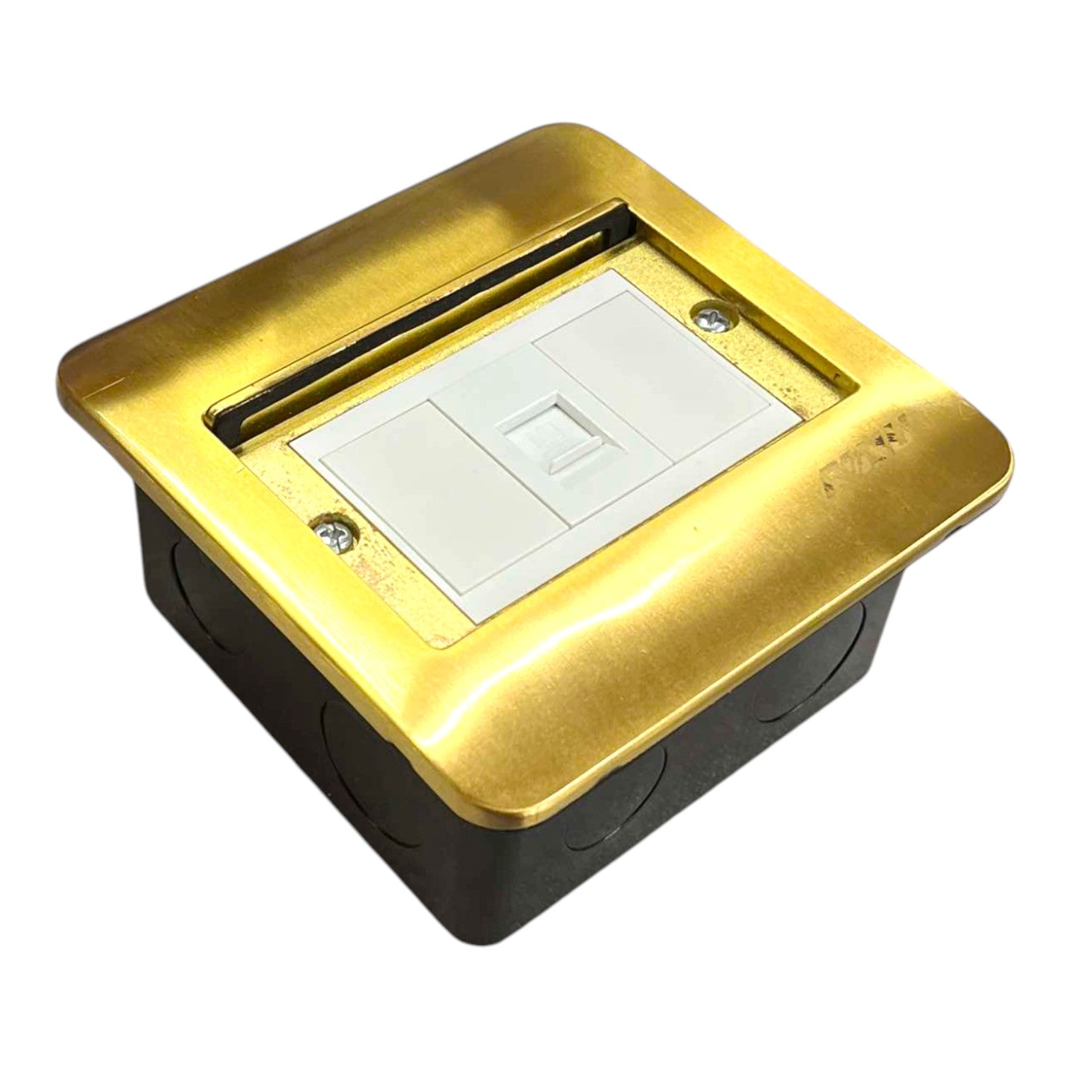 A square outdoor waterproof junction box with a brushed gold metal top cover, a white RJ45 port cover, and a black plastic base, shown on a white background.
