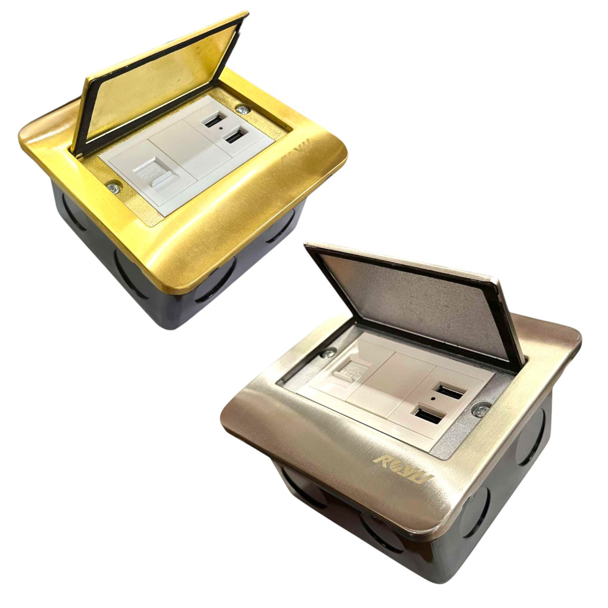 Two pop-up duplex outlet covers shown on a white background, one in gold and one in brushed silver, both with their lids open to reveal the internal outlets.