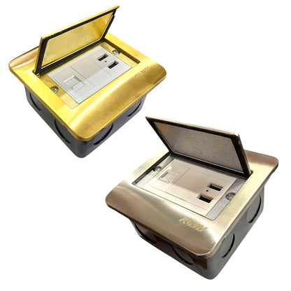 Two pop-up duplex outlet covers shown on a white background, one in gold and one in brushed silver, both with their lids open to reveal the internal outlets.