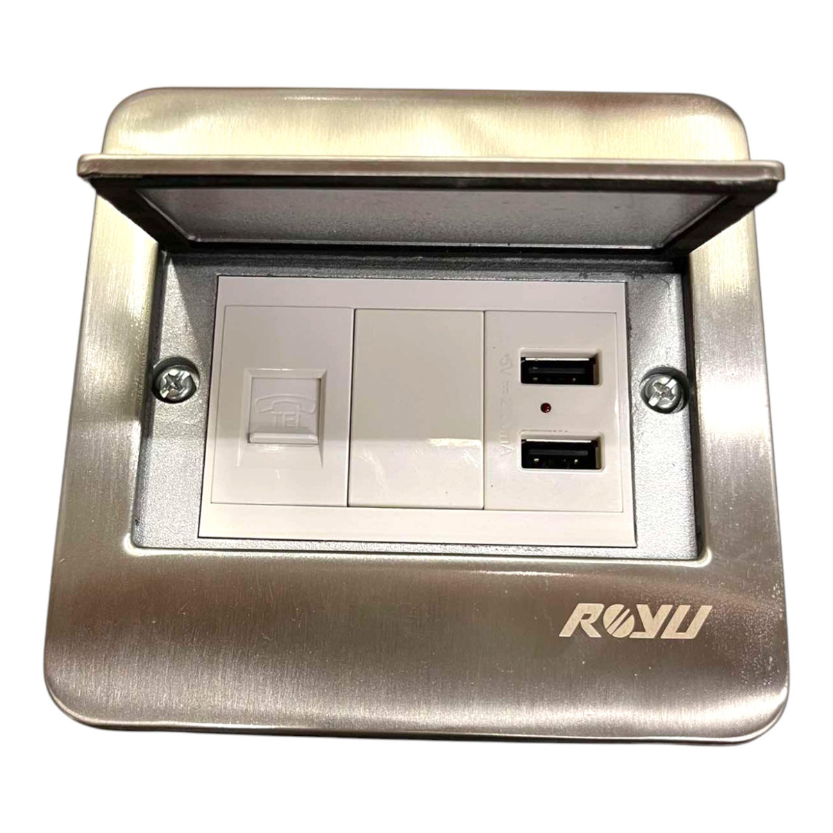 A stainless steel outdoor wall outlet socket cover with a hinged lid open, revealing a white double-gang switch and two USB-A ports. The brand name 'ROWU' is printed on the bottom right corner of the metallic plate.