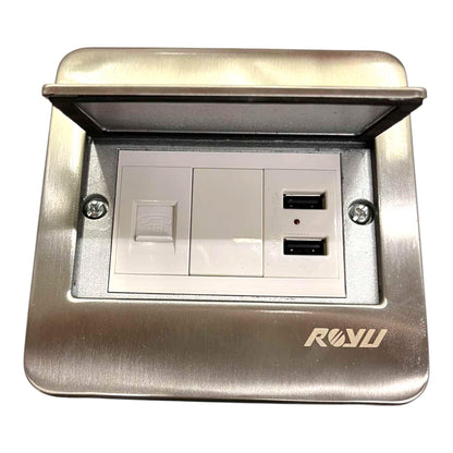 A stainless steel outdoor wall outlet socket cover with a hinged lid open, revealing a white double-gang switch and two USB-A ports. The brand name 'ROWU' is printed on the bottom right corner of the metallic plate.