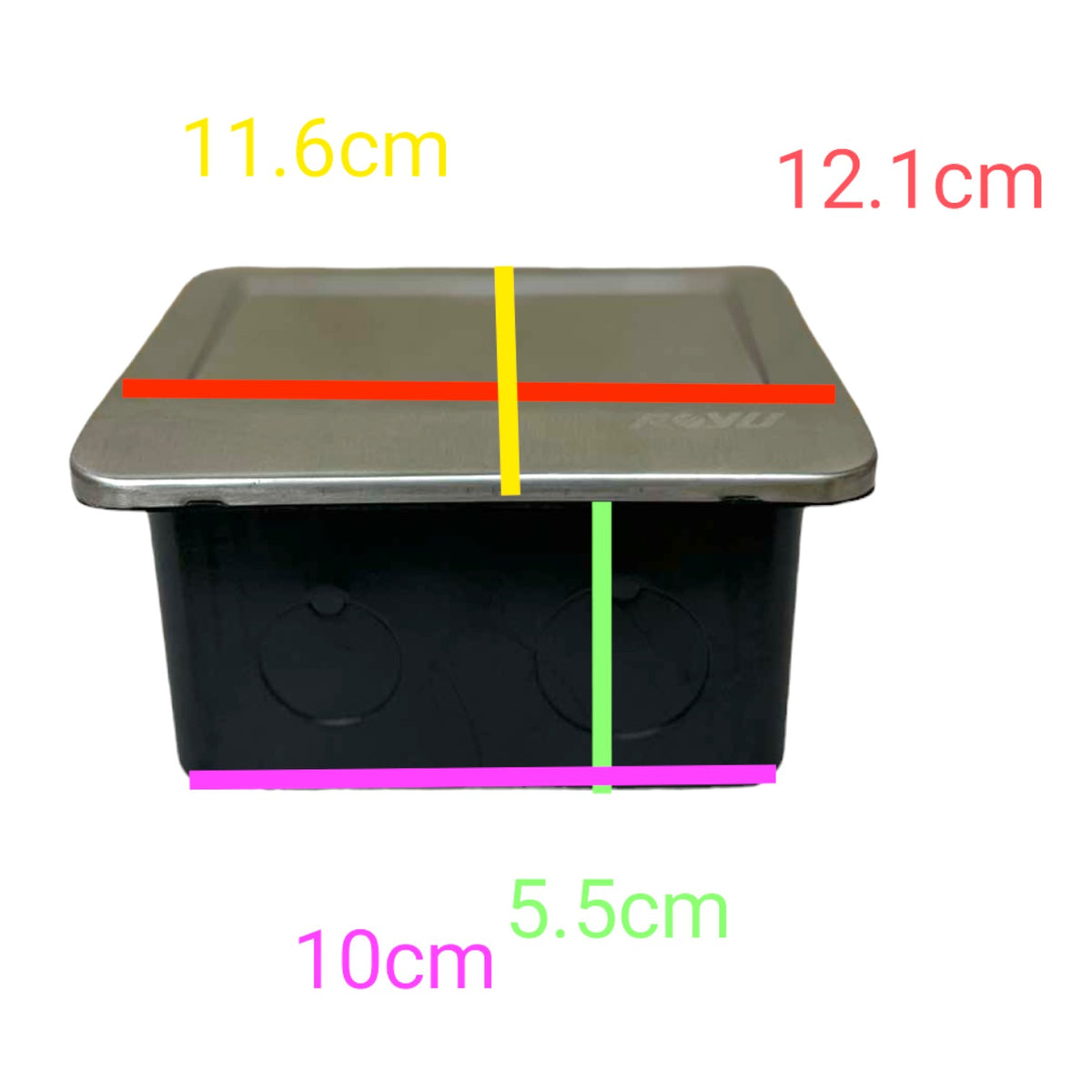 A black rectangular storage container with a gray lid, shown with colored measurement lines and text labels indicating dimensions: 11.6 cm, 12.