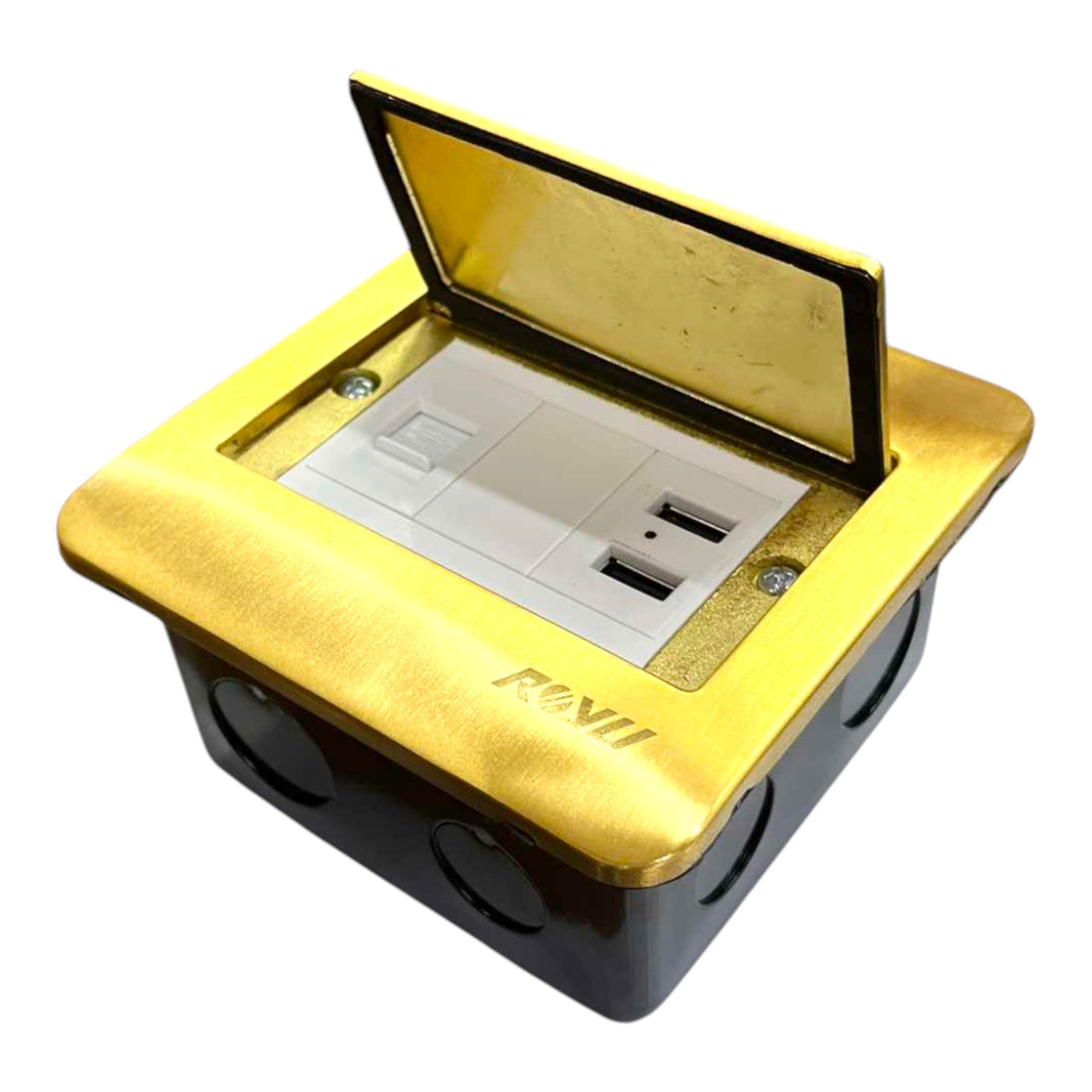 A gold and black electrical outlet cover with an open lid, revealing a white US outlet and USB-C port inside, on a white background.