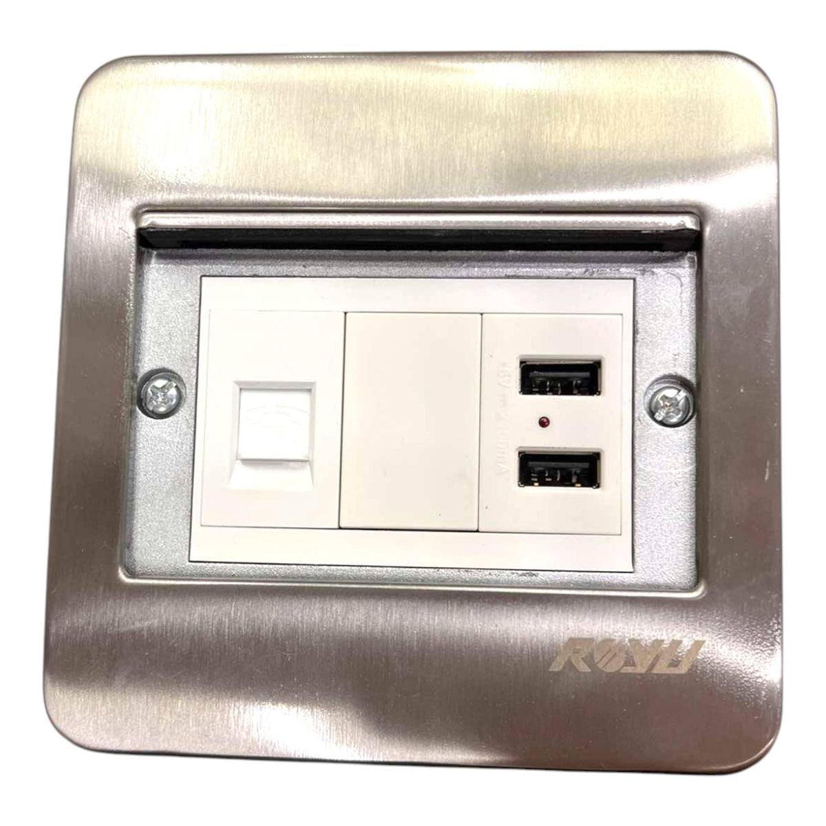A brushed stainless steel Rosh wall outlet featuring a single white toggle switch and two white USB-C charging ports, shown against a plain white background.